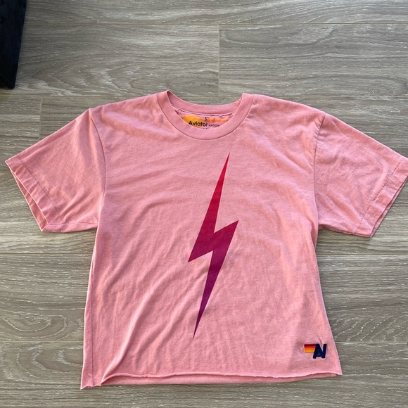 Aviator Nation Women’s Bolt Boyfriend Tee Pink with Hot Pink Bolt Sz S EUC - Picture 3 of 10